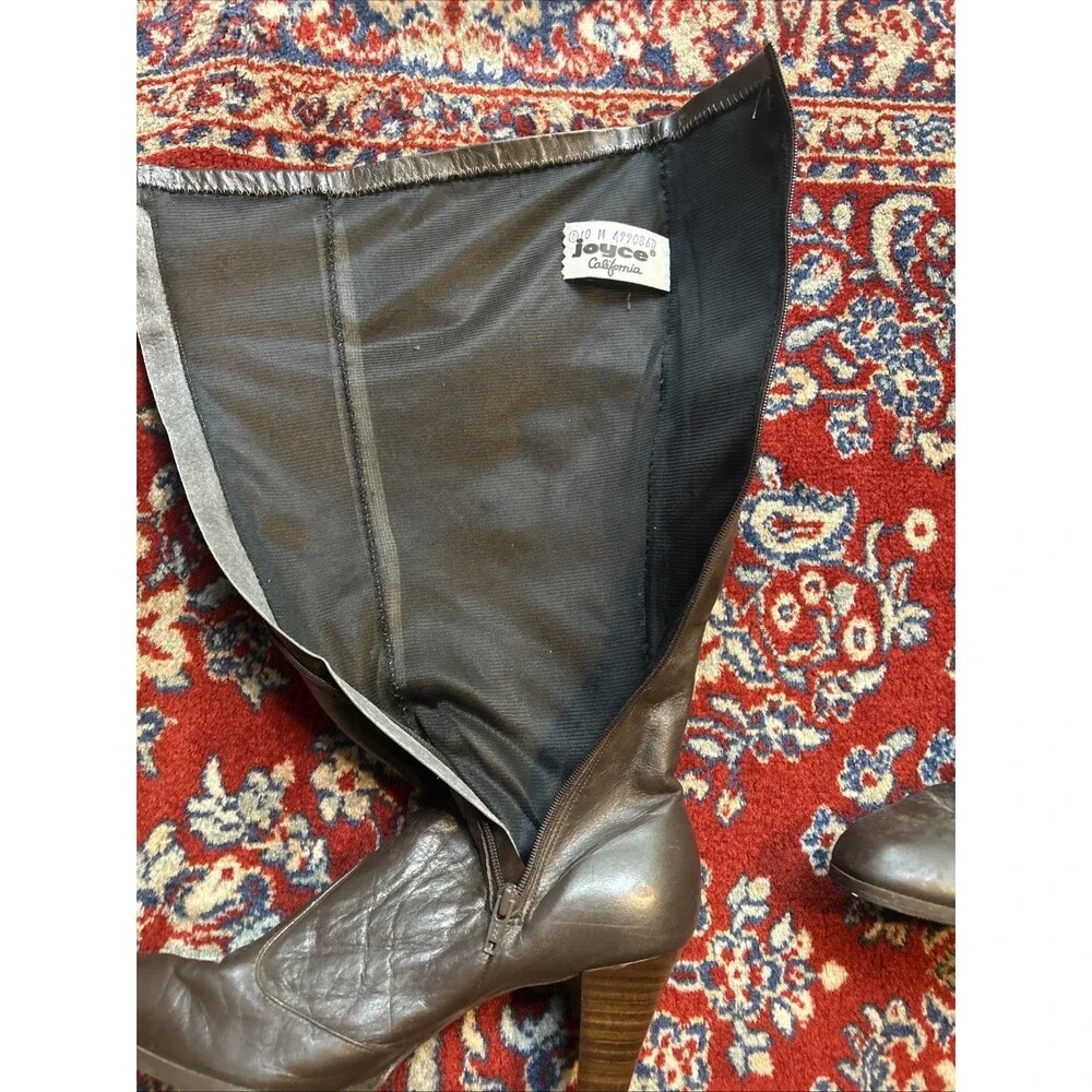 Vintage Joyce California Brown Leather Knee High Boots Block Heel